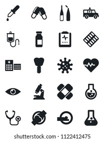 Set of vector isolated black icon - heart pulse vector, stethoscope, dropper, microscope, pills, blister, ampoule, patch, tomography, ambulance car, implant, eye, joint, clipboard, hospital, virus
