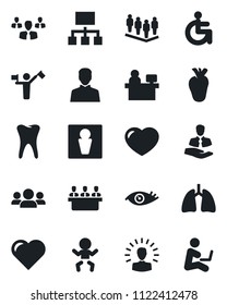 Set of vector isolated black icon - dispatcher vector, male, baby, team, manager place, heart, disabled, lungs, real, tooth, eye, client, user, meeting, group, shining head, hierarchy