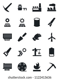 Set of vector isolated black icon - factory vector, trowel, glove, saw, truck trailer, sea port, flammable, oil barrel, reel, low battery, sun panel, crane, windmill, hard work