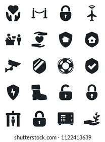 Set of vector isolated black icon - plane radar vector, fence, passport control, security gate, safe, lock, boot, heart hand, shield, protect, estate insurance, home, surveillance, crisis management