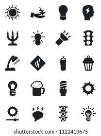 Set of vector isolated black icon - sun vector, brainstorm, bulb, traffic light, torch, brightness, desk lamp, beer, candle, smoke detector, energy saving, outdoor, palm sproute, idea