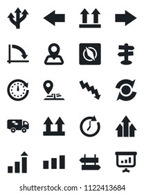 Set of vector isolated black icon - signpost vector, right arrow, left, growth statistic, crisis graph, route, navigation, up side sign, sorting, compass, update, moving, clock, presentation