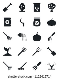 Set of vector isolated black icon - job vector, garden fork, shovel, farm, rake, watering, sproute, sickle, pumpkin, seeds, fertilizer, fruit tree, irrigation