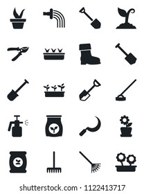 Set of vector isolated black icon - job vector, shovel, rake, seedling, watering, sproute, pruner, boot, hoe, sickle, garden sprayer, fertilizer, flower in pot