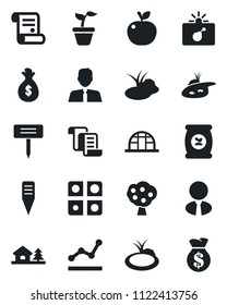 Set of vector isolated black icon - bomb in case vector, contract, seedling, plant label, greenhouse, pond, fertilizer, application, point graph, house with tree, fruit, estate agent, apple