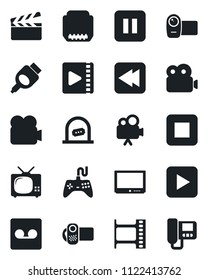 Set of vector isolated black icon - ticket office vector, clapboard, film frame, gamepad, tv, video camera, play button, pause, stop, rewind, hdmi, record, intercome