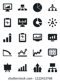 Set of vector isolated black icon - growth statistic vector, hierarchy, presentation board, monitor, circle chart, pulse, clipboard, statistics, bar graph, pie, point, arrow up, crisis