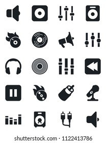 Set of vector isolated black icon - vinyl vector, flame disk, microphone, loudspeaker, settings, equalizer, headphones, speaker, pause button, rewind, rec, rca, tuning, sound