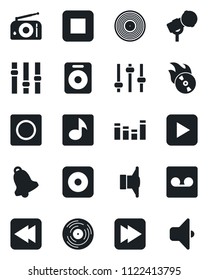 Set of vector isolated black icon - vinyl vector, flame disk, microphone, radio, speaker, settings, equalizer, play button, stop, fast forward, rewind, rec, tuning, bell, record, music, sound