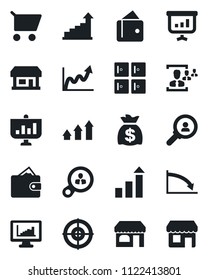 Set of vector isolated black icon - shop vector, checkroom, growth statistic, money bag, store, monitor statistics, hr, target, consumer search, arrow up graph, wallet, crisis, cart, presentation