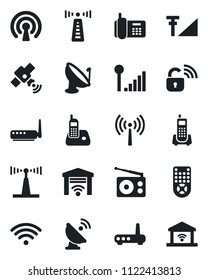 Set of vector isolated black icon - antenna vector, office phone, satellite, radio, remote control, cellular signal, wireless, lock, router, garage gate
