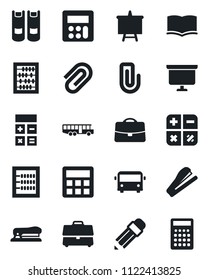 Set of vector isolated black icon - airport bus vector, book, calculator, abacus, presentation board, case, paper clip, pencil, stapler