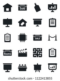 Set of vector isolated black icon - fence vector, presentation board, meeting, clipboard, clapboard, sale, rooms, sold signboard, smart home, cutting, chip