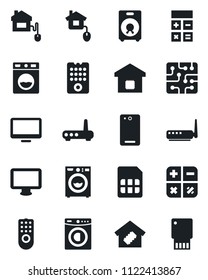 Set of vector isolated black icon - calculator vector, monitor, speaker, phone back, sim, washer, smart home, control, chip, remote, router, usb flash