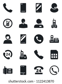 Set of vector isolated black icon - phone vector, no mobile, office, 24 hours, support, cell, radio, back, call, sim