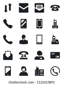 Set of vector isolated black icon - mobile phone vector, office, 24 hours, support, cell, radio, mail, call, data exchange