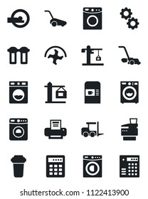 Set of vector isolated black icon - coffee machine vector, washer, fork loader, ripper, lawn mower, tomography, printer, copier, crane, gear, water filter, combination lock