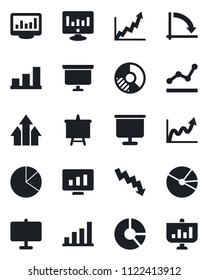 Set of vector isolated black icon - presentation board vector, crisis graph, statistic monitor, circle chart, statistics, bar, pie, point, arrow up, growth