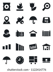Set of vector isolated black icon - pin vector, satellite, office phone, support, clock, container, consolidated cargo, umbrella, warehouse storage, tulip, sorting, heavy, flammable, oil barrel