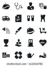 Set of vector isolated black icon - medical room vector, watering can, heart pulse, diagnosis, stethoscope, blood pressure, test vial, dropper, patch, ambulance car, caries, diet, hospital, doctor