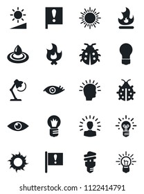 Set of vector isolated black icon - sun vector, bulb, lady bug, fire, eye, important flag, brightness, desk lamp, water, energy saving, shining head, idea
