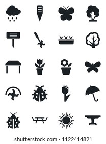 Set of vector isolated black icon - umbrella vector, sun, flower in pot, ripper, tree, butterfly, lady bug, seedling, rain, plant label, picnic table, tulip