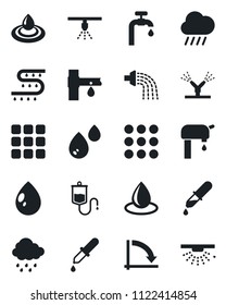 Set of vector isolated black icon - crisis graph vector, watering, water drop, rain, drip irrigation, dropper, menu, supply, sprinkler