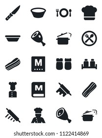 Set of vector isolated black icon - cook vector, cafe, hat, menu, bacon, salt and pepper, ham, bowl, rolling pin, knife, steaming pan
