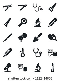 Set of vector isolated black icon - trowel vector, pruner, saw, stethoscope, blood pressure, thermometer, heart diagnostic, microscope, scalpel, microphone