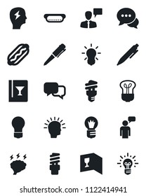Set of vector isolated black icon - speaking man vector, pen, brainstorm, bulb, dialog, wine card, hot dog, energy saving, shining head, idea