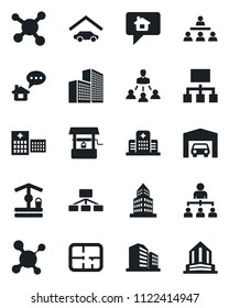 Set of vector isolated black icon - hierarchy vector, well, molecule, hospital, office building, garage, plan, home message