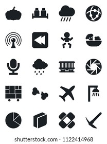 Set of vector isolated black icon - baby vector, rain, pumpkin, patch, broken bone, railroad, plane, consolidated cargo, antenna, microphone, rewind, mobile camera, network, pie graph, blank box