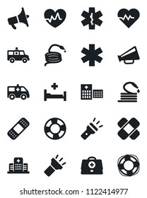 Set of vector isolated black icon - hose vector, heart pulse, doctor case, patch, ambulance star, car, hospital bed, loudspeaker, torch, crisis management