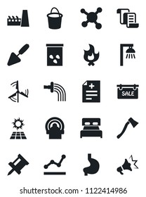 Set of vector isolated black icon - contract vector, trowel, bucket, watering, fire, axe, seeds, diagnosis, tomography, stomach, molecule, drawing pin, point graph, windmill, sale, bedroom, factory