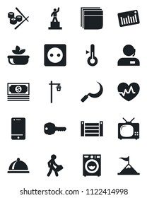 Set of vector isolated black icon - pedestal vector, sickle, garden light, heart pulse, cash, container, barcode, cell phone, blank box, support, manager, key, washer, tv, dish, salad, sushi, socket