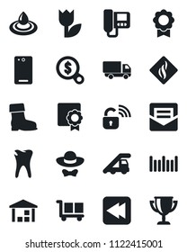Set of vector isolated black icon - ladder car vector, boot, caries, delivery, cargo, tulip, warehouse, barcode, rewind, phone back, mail, sertificate, dress code, wireless lock, intercome, water