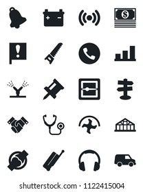 Set of vector isolated black icon - suitcase vector, phone, ripper, saw, greenhouse, stethoscope, joint, signpost, important flag, headphones, bell, scanner, drawing pin, bar graph, handshake, cash