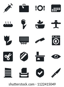 Set of vector isolated black icon - suitcase vector, fireplace, syringe, eye, truck trailer, term, tulip, shield, cut, paper tray, washer, city house, restaurant table, cafe, salad, bread, knife