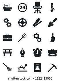 Set of vector isolated black icon - 24 around vector, alarm clock, trowel, farm fork, rake, bench, themes, case, document folder, identity card, ink pen, point graph, target, tie, stapler, gear