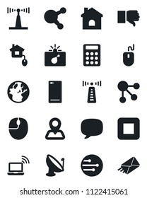 Set of vector isolated black icon - antenna vector, bomb in case, wireless notebook, mouse, house, navigation, satellite, share, finger down, stop button, phone back, message, network, calculator