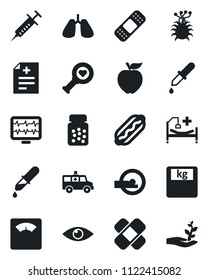Set of vector isolated black icon - monitor pulse vector, diagnosis, syringe, dropper, heart diagnostic, scales, pills bottle, patch, tomography, ambulance car, hospital bed, lungs, eye, virus