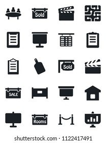 Set of vector isolated black icon - fence vector, flight table, presentation board, meeting, clipboard, clapboard, sale, rooms, sold signboard, smart home, cutting, chip