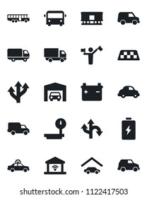 Set of vector isolated black icon - dispatcher vector, taxi, airport bus, alarm car, route, delivery, heavy scales, railroad, garage, gate control, battery