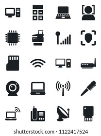 Set of vector isolated black icon - antenna vector, wireless notebook, calculator, pen, pc, satellite, laptop, radio phone, sd, face id, cellular signal, copier, chip, router, web camera, usb flash