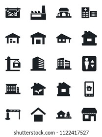 Set of vector isolated black icon - barrier vector, elevator, office building, house, hospital, warehouse storage, with garage, tree, sold signboard, crane, factory, cafe, eco, home control app