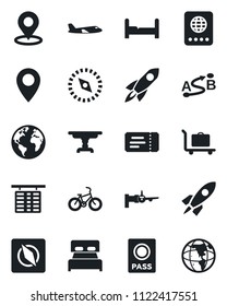 Set of vector isolated black icon - baggage trolley vector, ticket, passport, boarding, plane, flight table, bike, earth, pin, route, place tag, compass, bedroom, rocket