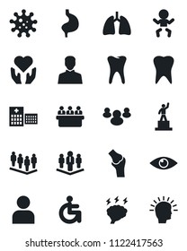 Set of vector isolated black icon - baby vector, pedestal, team, brainstorm, meeting, disabled, heart hand, stomach, lungs, tooth, eye, joint, hospital, virus, group, user, company, shining head