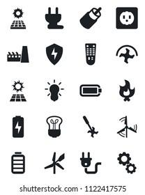 Set of vector isolated black icon - ripper vector, fire, remote control, battery, rca, protect, charge, sun panel, windmill, factory, socket, power plug, bulb, gear