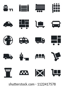 Set of vector isolated black icon - airport tower vector, taxi, baggage trolley, bus, waiting area, seat map, ambulance car, earth, truck trailer, delivery, sea port, container, consolidated cargo