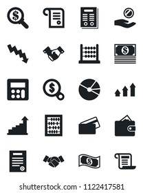 Set of vector isolated black icon - handshake vector, growth statistic, abacus, crisis graph, calculator, pie, contract, credit card, arrow up, wallet, money search, investment, cash